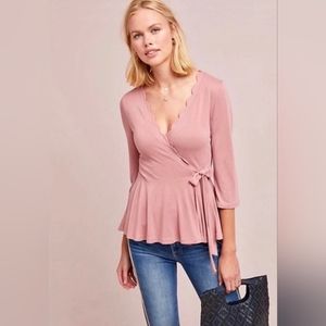 Anthropologie Eri + Ali Dusty Rose Pink Scalloped Wrap Tie Side Top XS